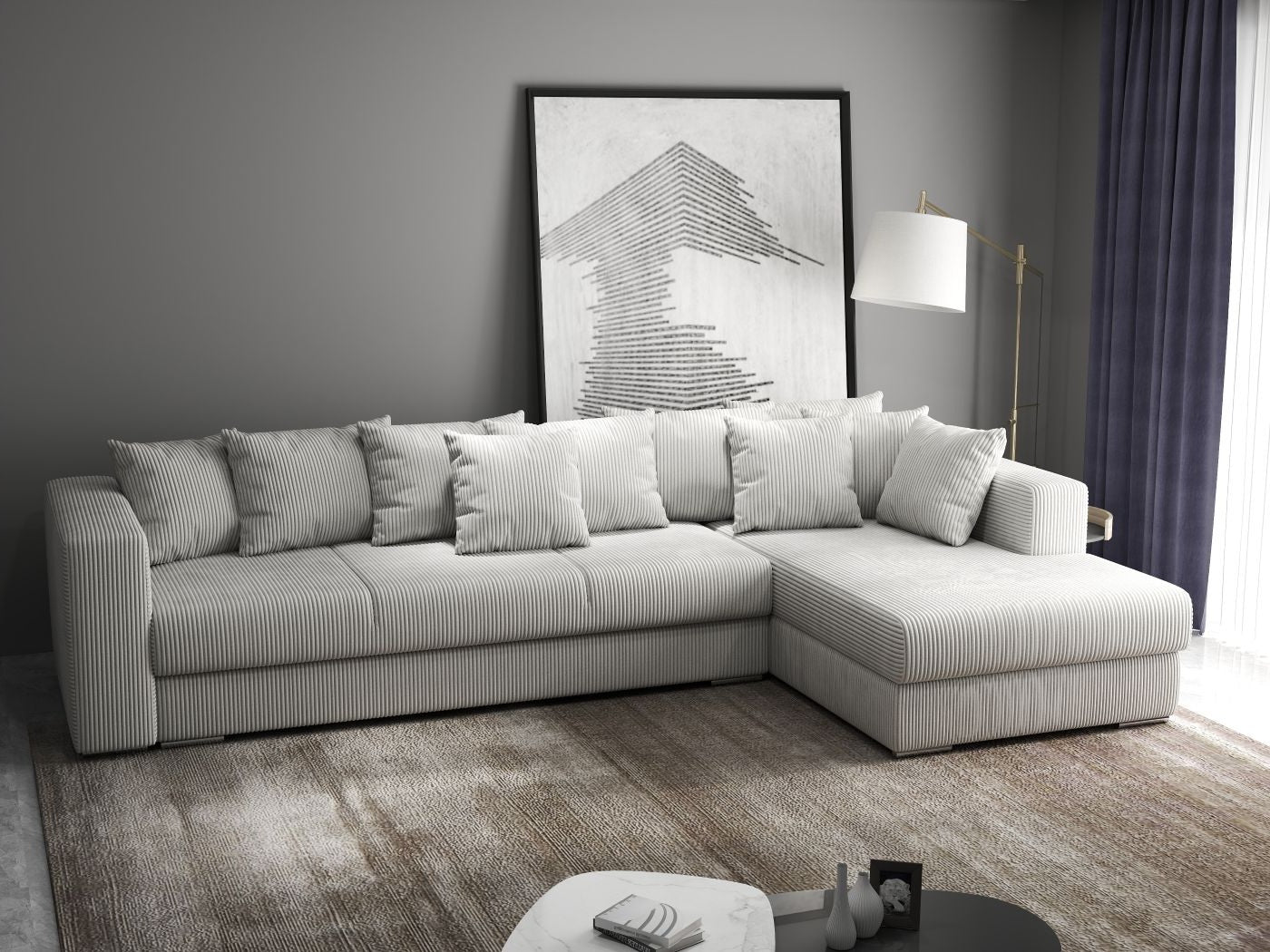 Colțar extensibil dumonde cu ladă de depozitare si sezut confortabil din spuma HR, Gloria Zoom Cream II 320x183 cm Fabrica