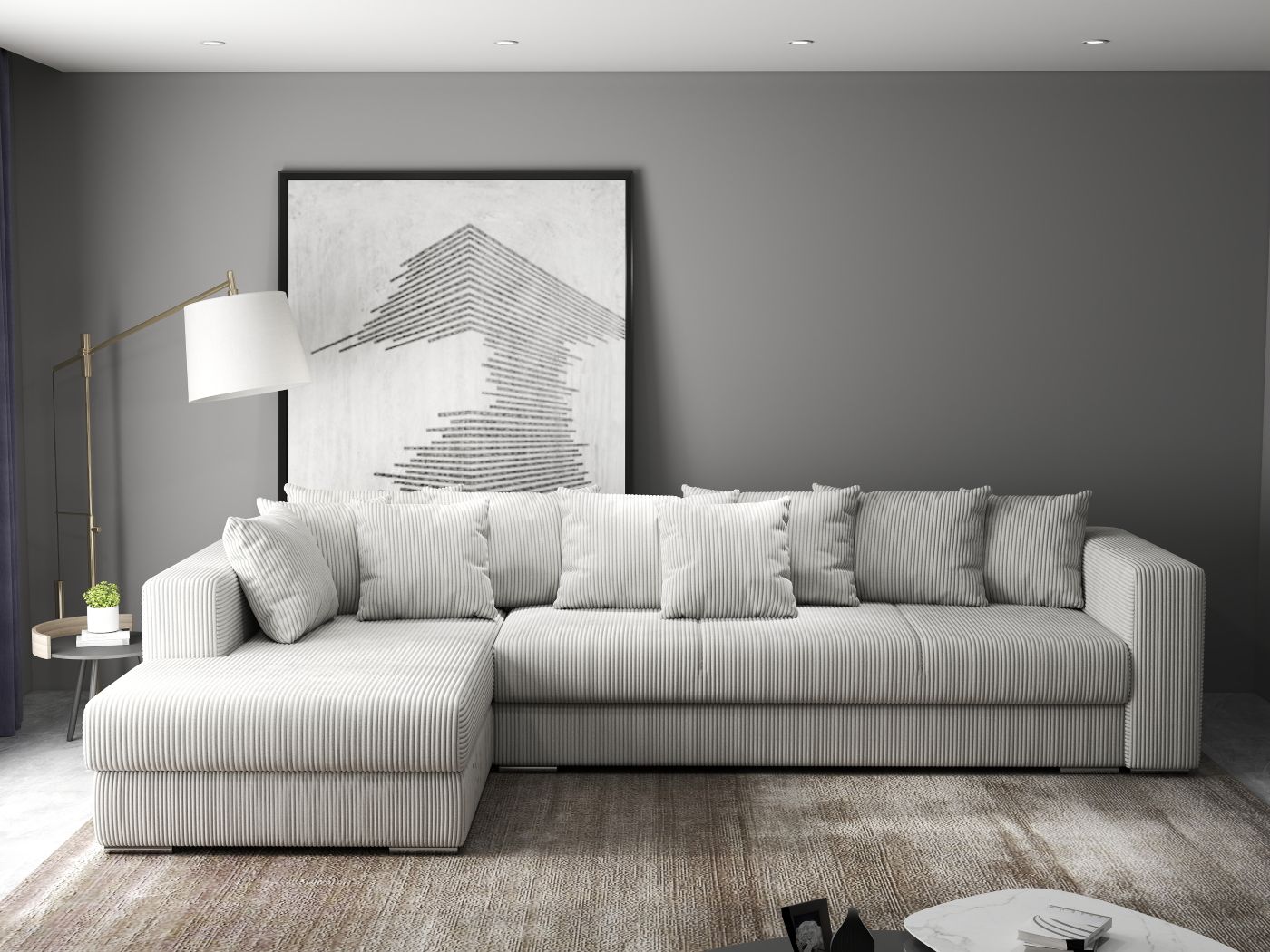 Colțar extensibil dumonde cu ladă de depozitare si sezut confortabil din spuma HR, Gloria Zoom Cream 320x183 cm Fabrica