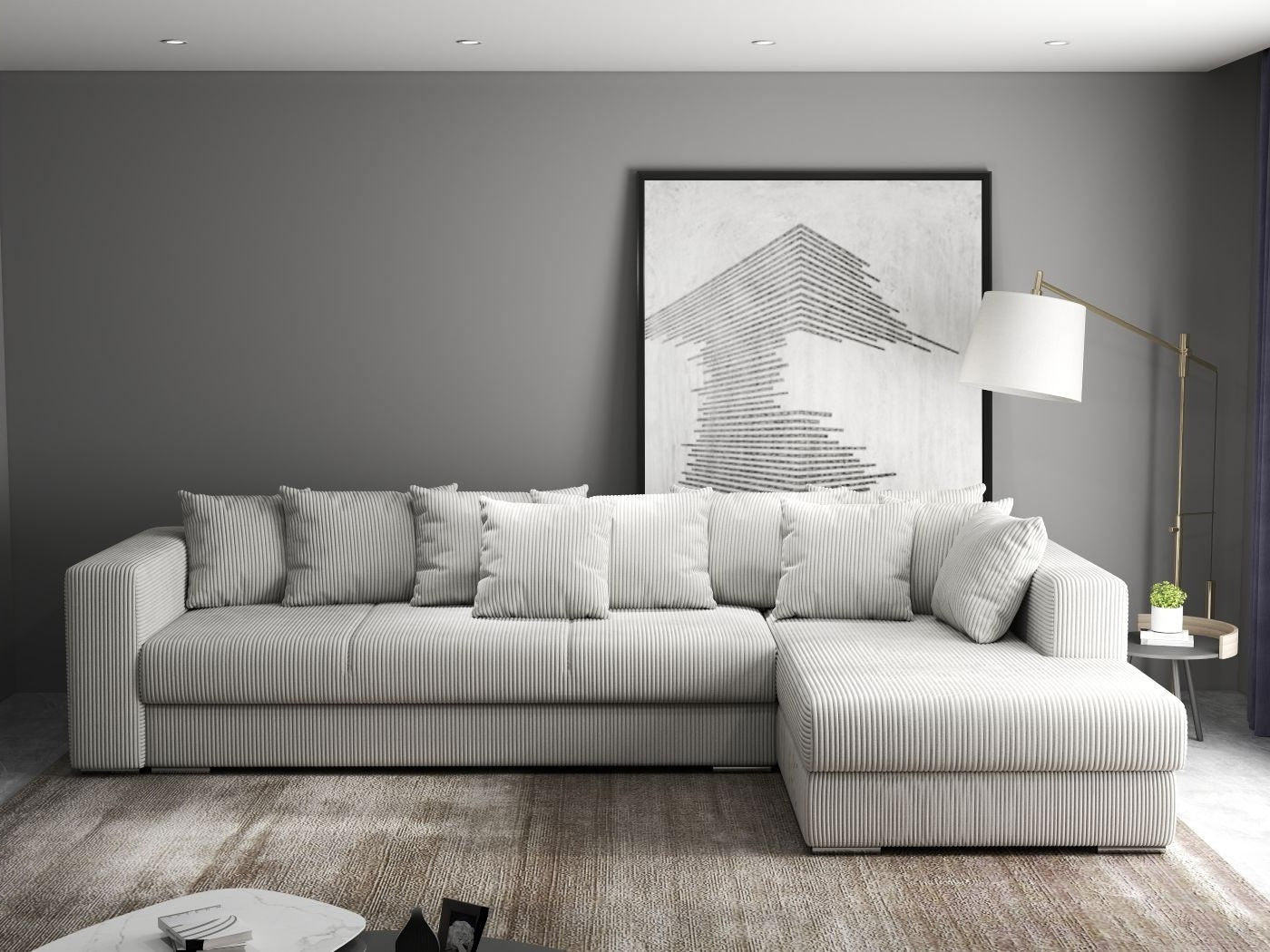 Colțar extensibil dumonde cu ladă de depozitare si sezut confortabil din spuma HR, Gloria Zoom Cream II 320x183 cm Fabrica