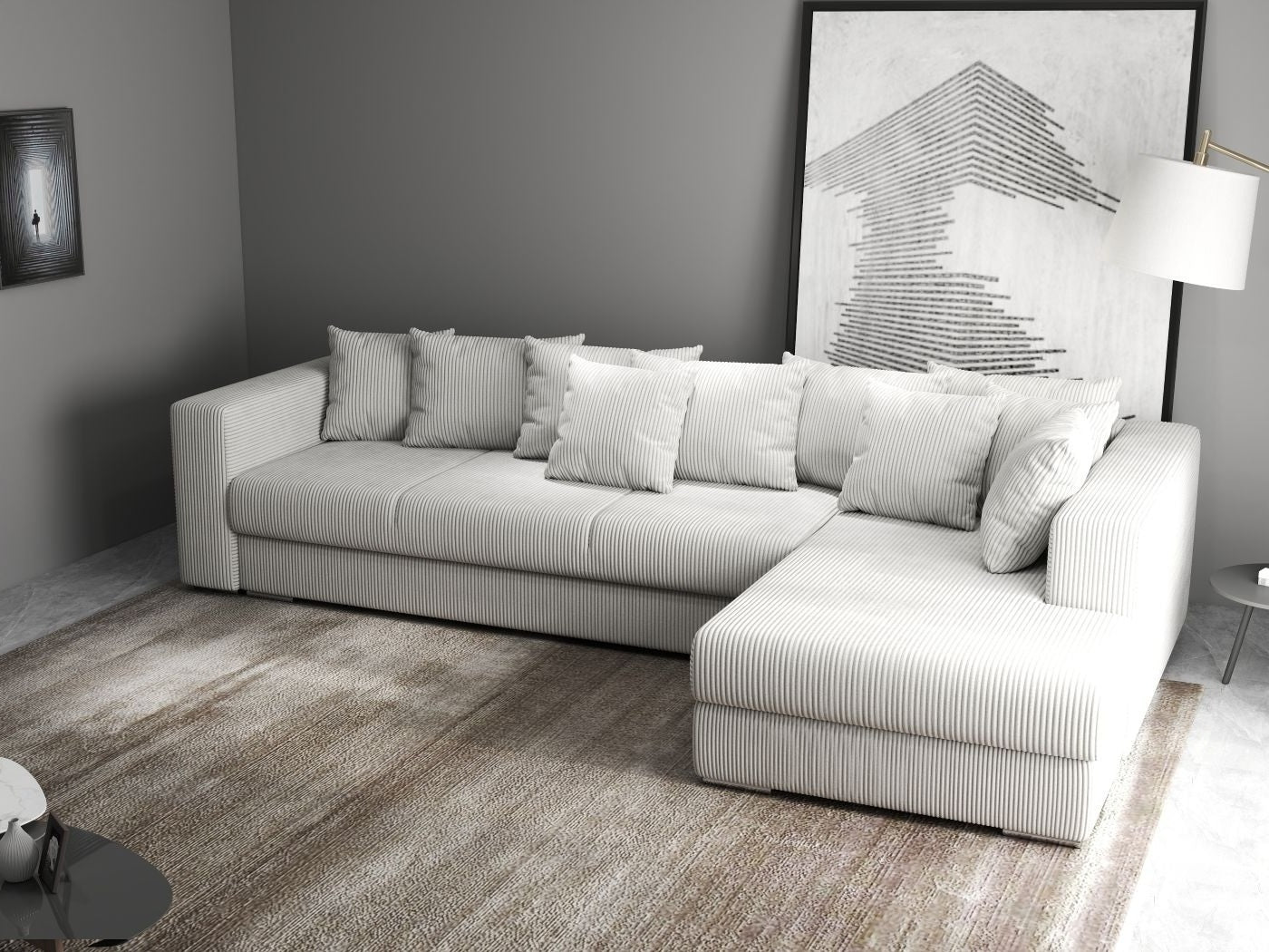 Colțar extensibil dumonde cu ladă de depozitare si sezut confortabil din spuma HR, Gloria Zoom Cream II 320x183 cm Fabrica