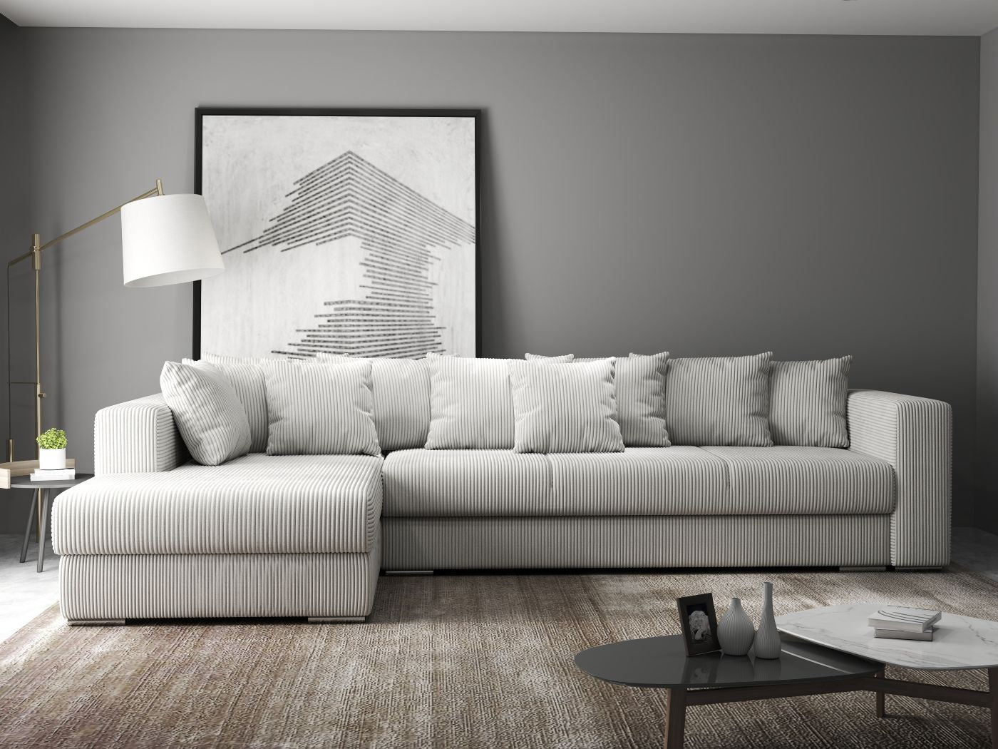 Colțar extensibil dumonde cu ladă de depozitare si sezut confortabil din spuma HR, Gloria Zoom Cream 320x183 cm Fabrica