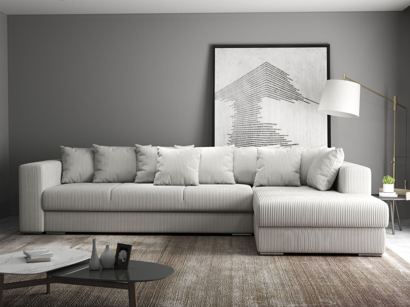 Colțar extensibil dumonde cu ladă de depozitare si sezut confortabil din spuma HR, Gloria Zoom Cream II 320x183 cm Fabrica