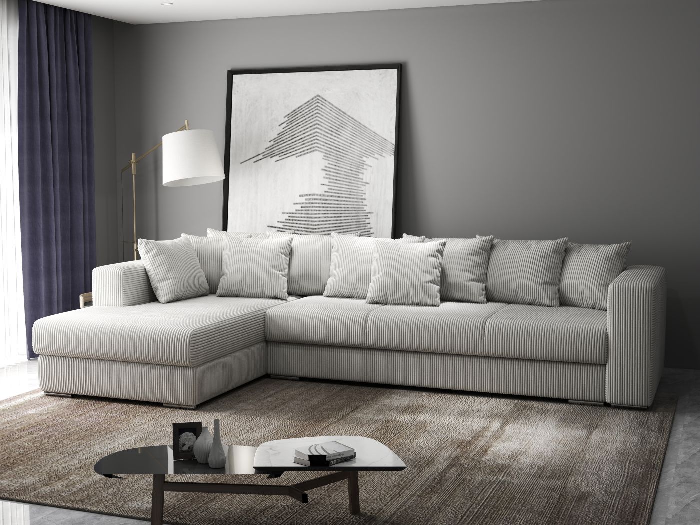 Colțar extensibil dumonde cu ladă de depozitare si sezut confortabil din spuma HR, Gloria Gri Zoom 320x183 cm Fabrica