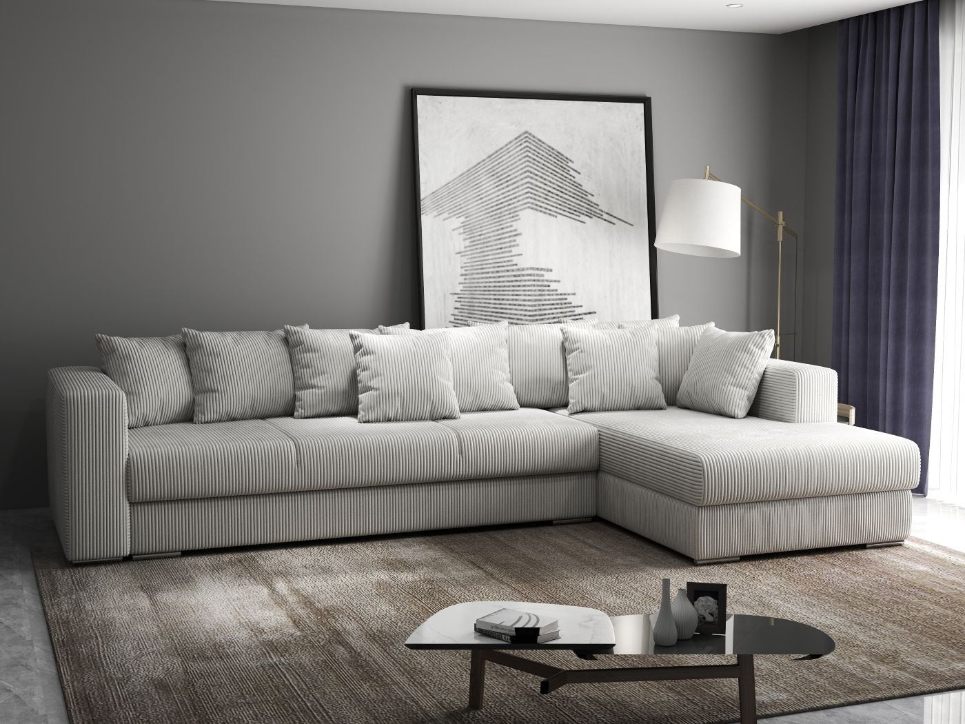 Colțar extensibil dumonde cu ladă de depozitare si sezut confortabil din spuma HR, Gloria Zoom Cream II 320x183 cm Fabrica