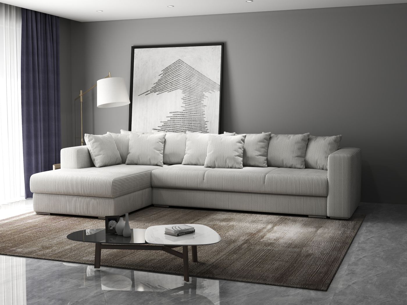 Colțar extensibil dumonde cu ladă de depozitare si sezut confortabil din spuma HR, Gloria Zoom Cream 320x183 cm Fabrica