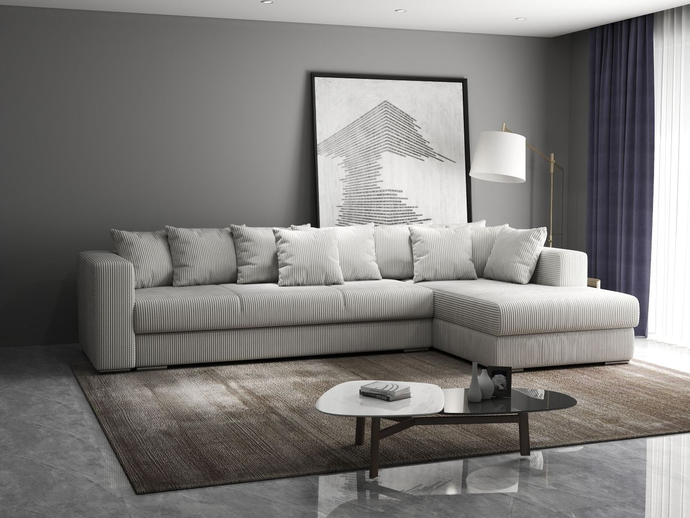 Colțar extensibil dumonde cu ladă de depozitare si sezut confortabil din spuma HR, Gloria Zoom Cream II 320x183 cm Fabrica