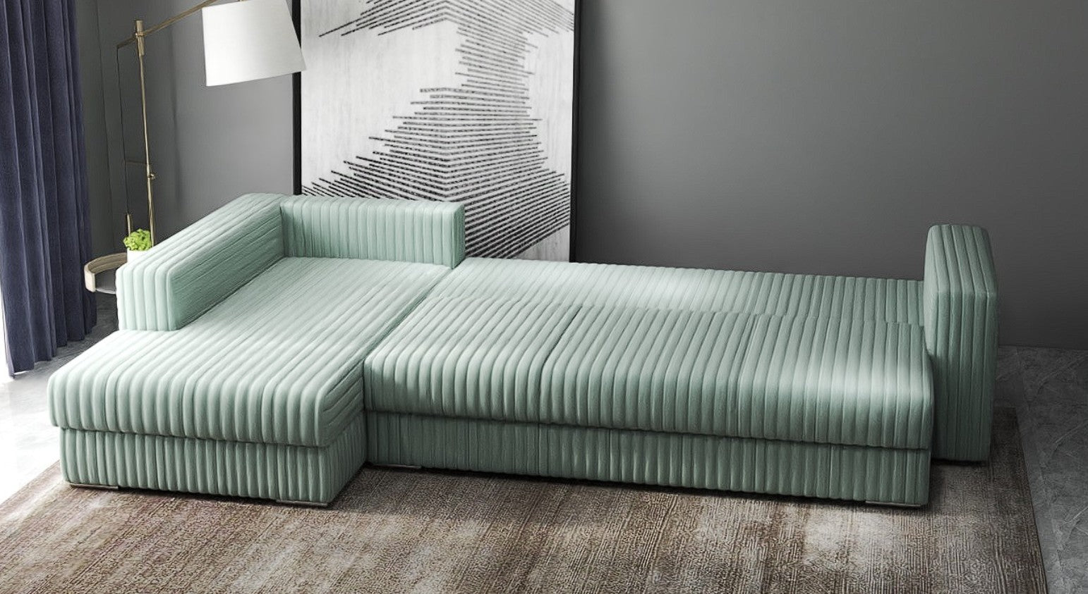 Colțar extensibil dumonde cu ladă de depozitare si sezut confortabil din spuma HR, Gloria Ambience Mint 320x183 cm Fabrica