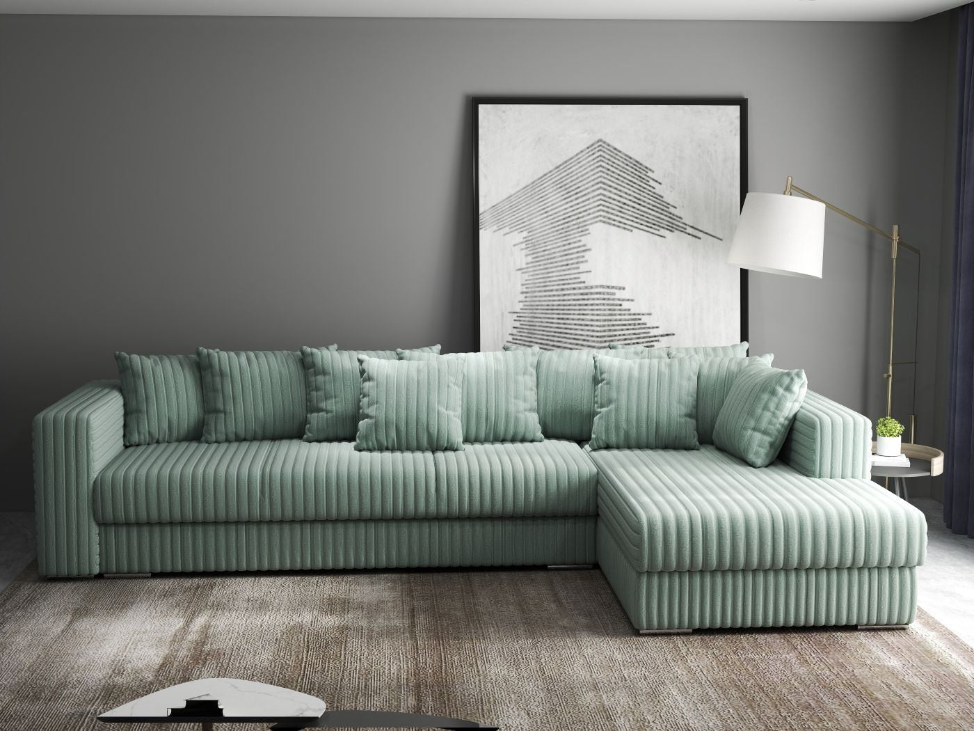 Colțar extensibil dumonde cu ladă de depozitare si sezut confortabil din spuma HR, Gloria Ambience Mint II 320x183 cm Fabrica