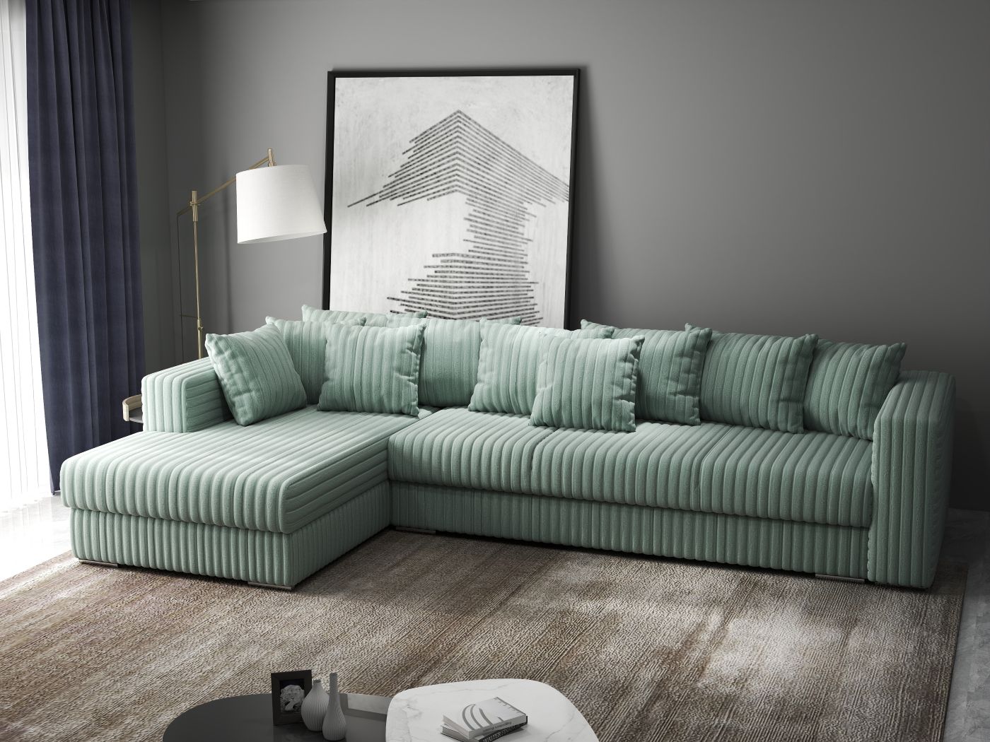 Colțar extensibil dumonde cu ladă de depozitare si sezut confortabil din spuma HR, Gloria Ambience Mint 320x183 cm Fabrica