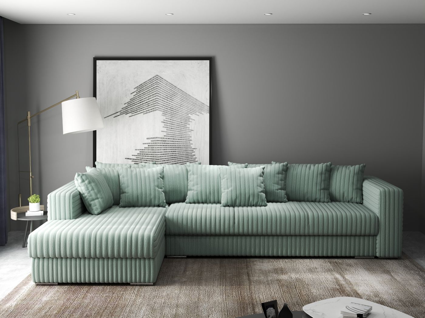 Colțar extensibil dumonde cu ladă de depozitare si sezut confortabil din spuma HR, Gloria Ambience Mint 320x183 cm Fabrica