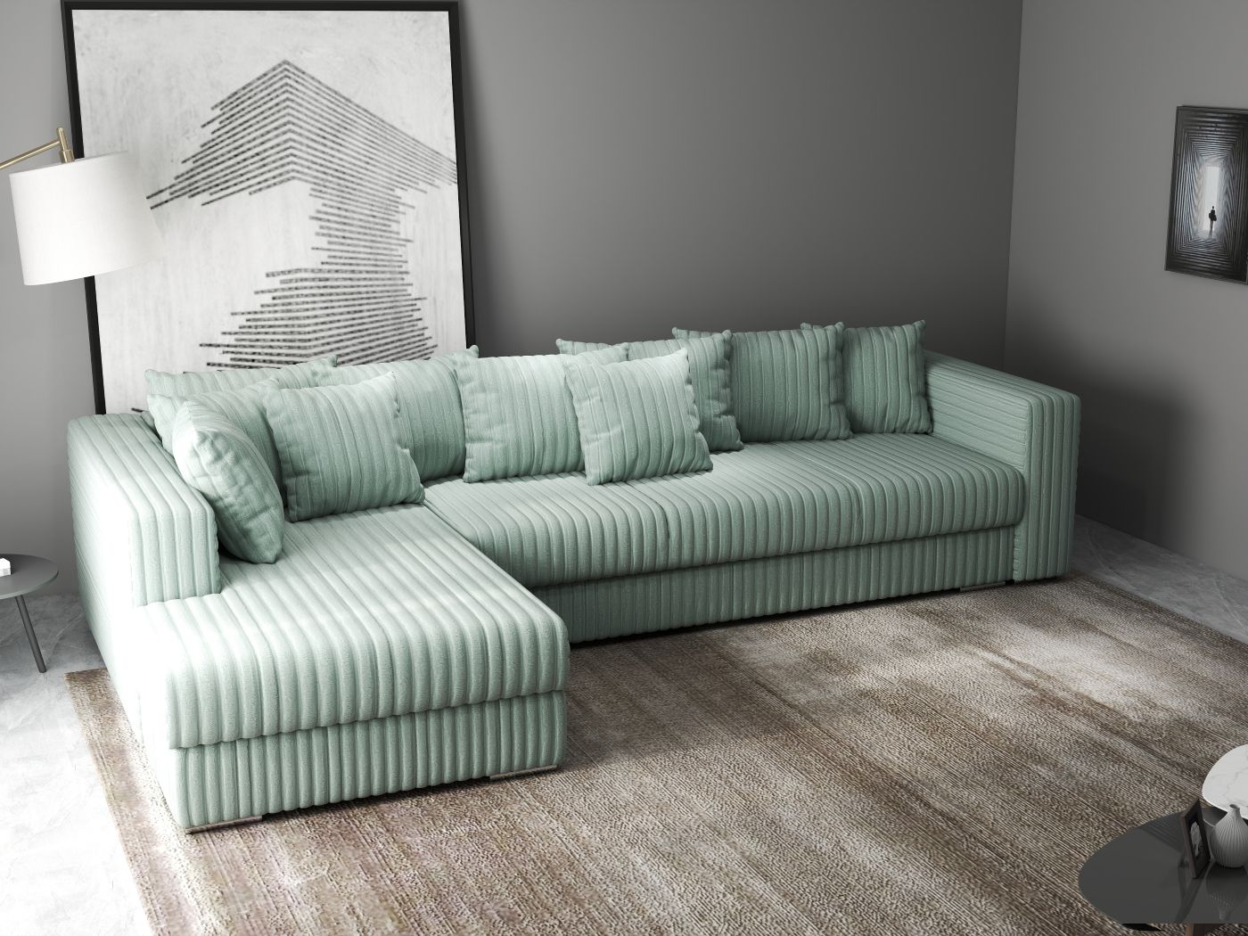 Colțar extensibil dumonde cu ladă de depozitare si sezut confortabil din spuma HR, Gloria Ambience Mint 320x183 cm Fabrica