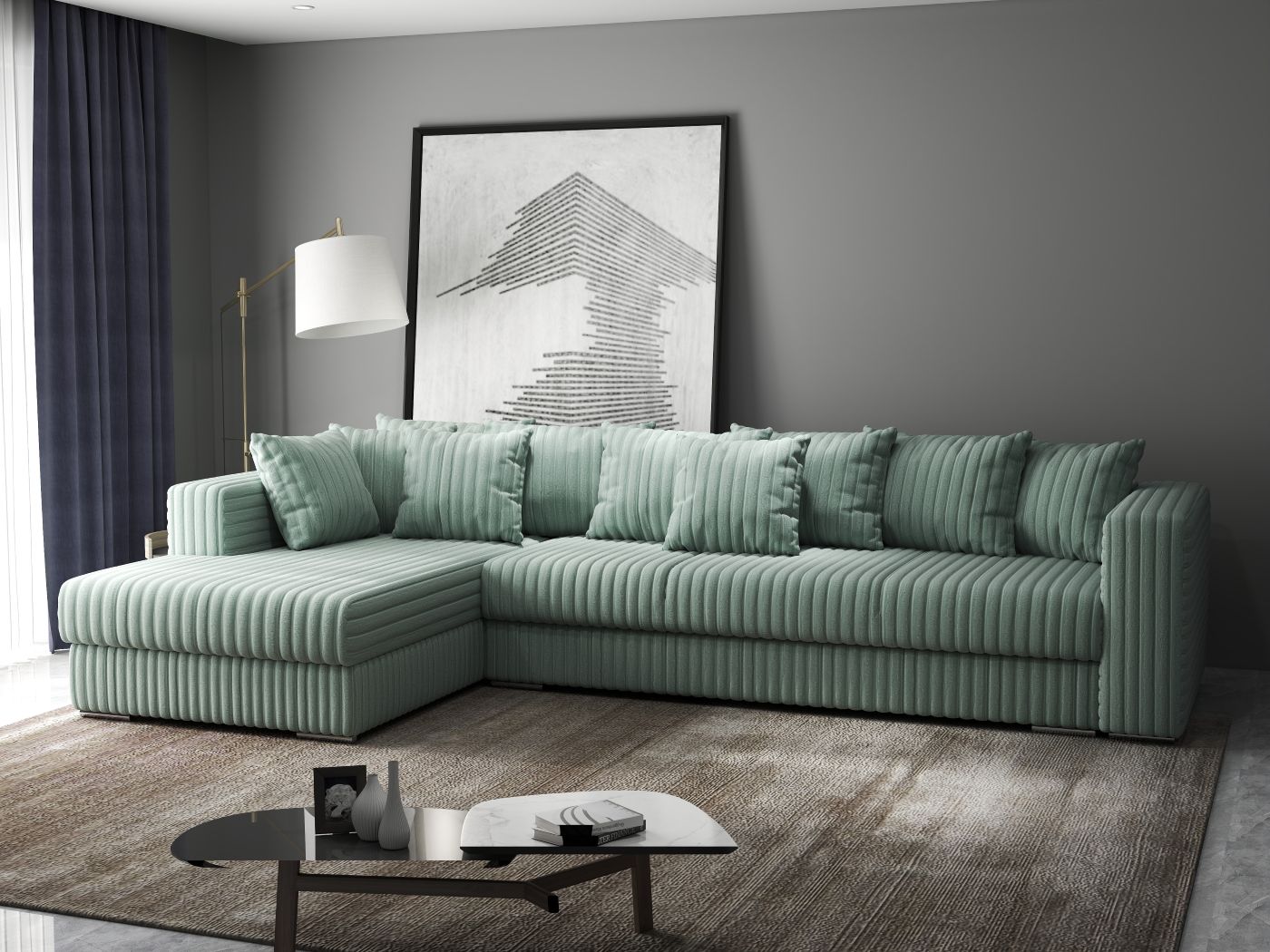 Colțar extensibil dumonde cu ladă de depozitare si sezut confortabil din spuma HR, Gloria Ambience Mint 320x183 cm Fabrica