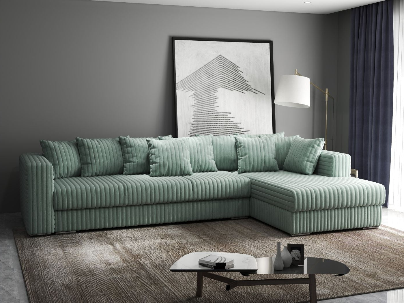 Colțar extensibil dumonde cu ladă de depozitare si sezut confortabil din spuma HR, Gloria Mint Ambience II 320x183 cm Fabrica