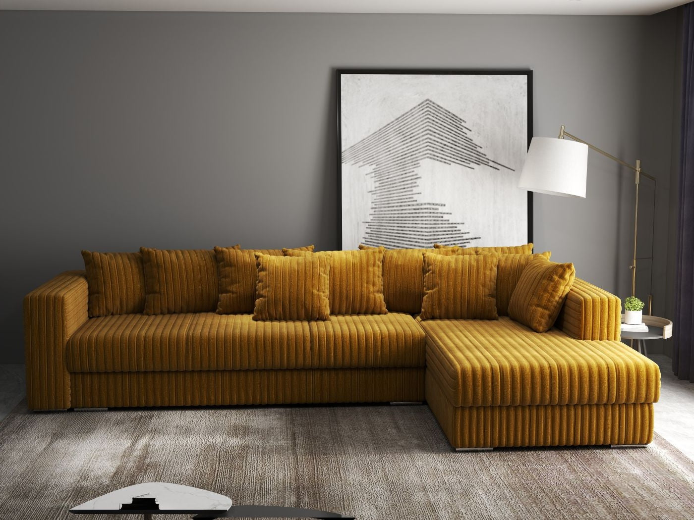 Colțar extensibil dumonde cu ladă de depozitare si sezut confortabil din spuma HR, Gloria Ambience Mustar II 320x183 cm Fabrica