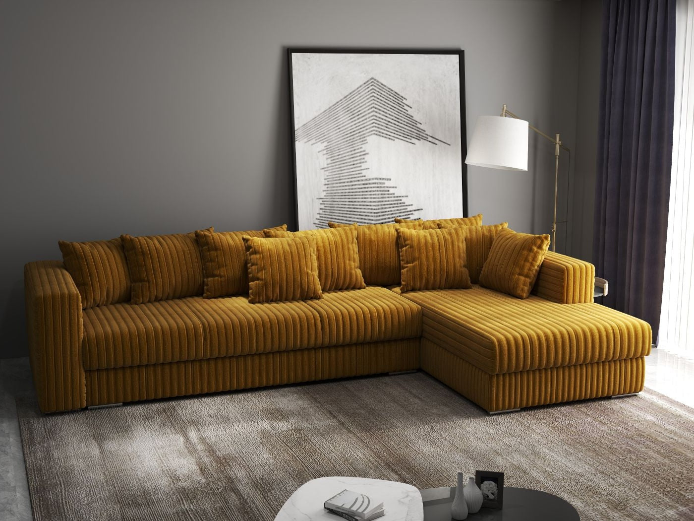 Colțar extensibil dumonde cu ladă de depozitare si sezut confortabil din spuma HR, Gloria Ambience Mustar II 320x183 cm Fabrica