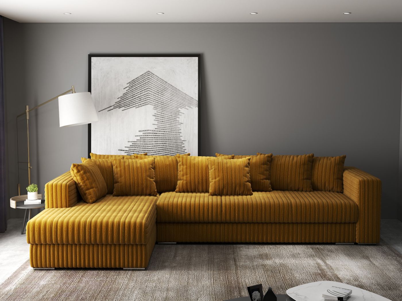 Colțar extensibil dumonde cu ladă de depozitare si sezut confortabil din spuma HR, Gloria Ambience Mustar 320x183 cm Fabrica