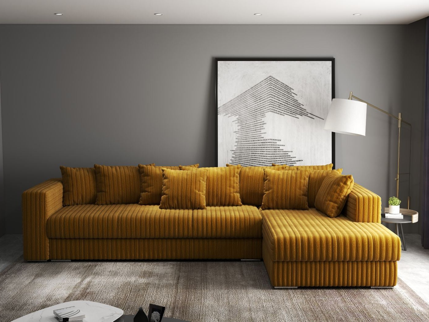 Colțar extensibil dumonde cu ladă de depozitare si sezut confortabil din spuma HR, Gloria Ambience Mustar II 320x183 cm Fabrica