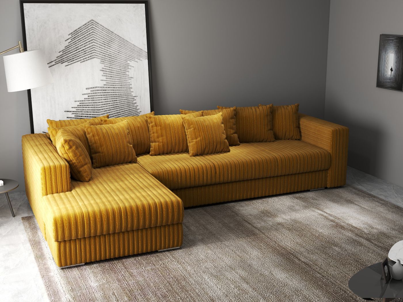 Colțar extensibil dumonde cu ladă de depozitare si sezut confortabil din spuma HR, Gloria Ambience Mustar 320x183 cm Fabrica