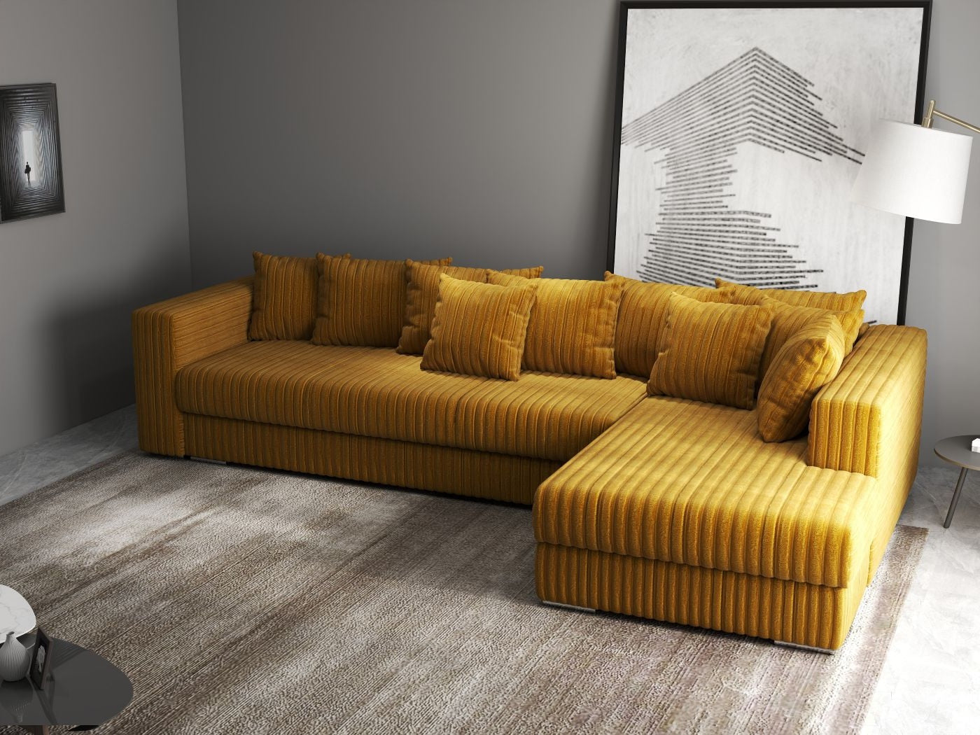 Colțar extensibil dumonde cu ladă de depozitare si sezut confortabil din spuma HR, Gloria Ambience Mustar II 320x183 cm Fabrica