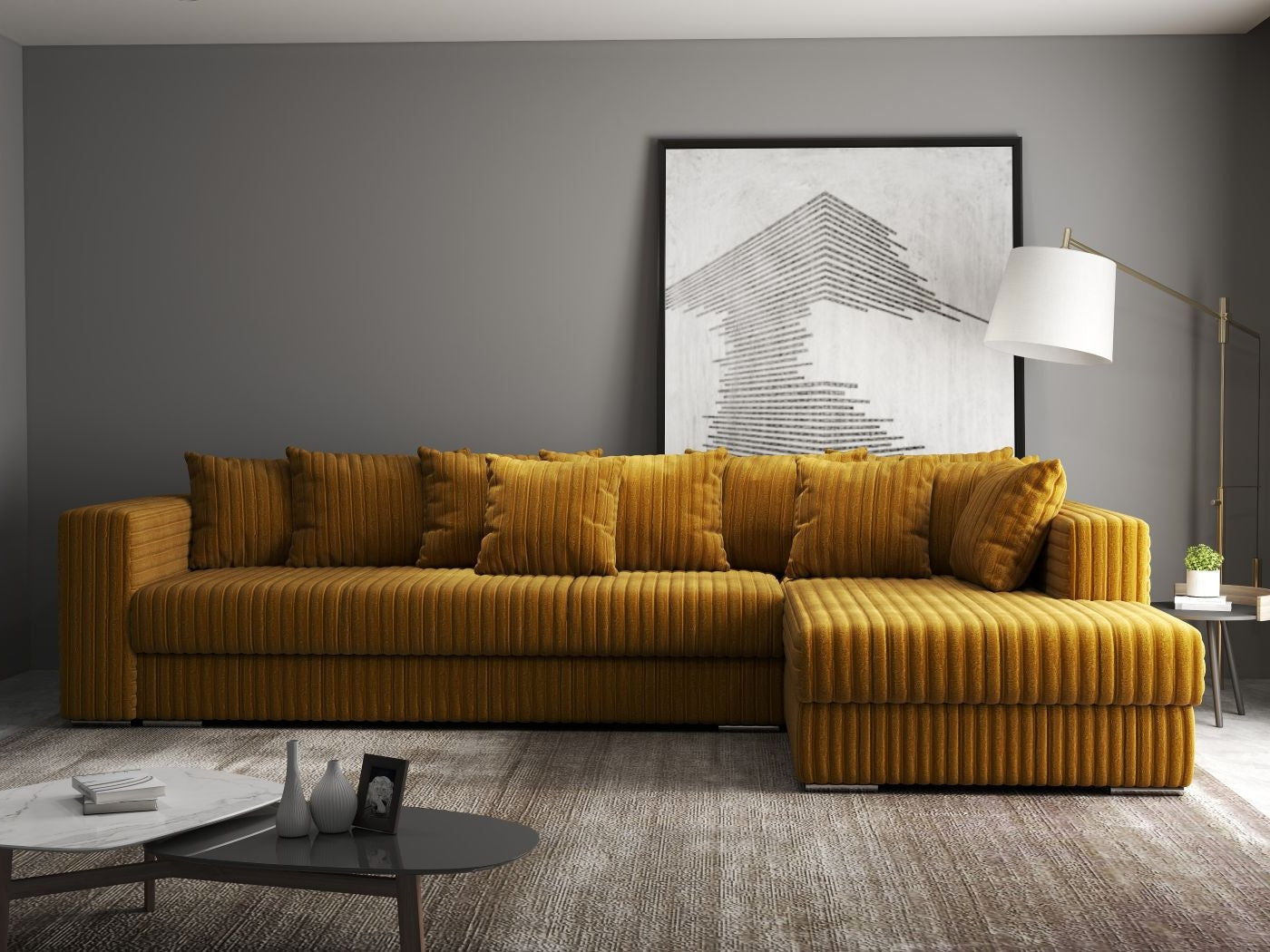 Colțar extensibil dumonde cu ladă de depozitare si sezut confortabil din spuma HR, Gloria Ambience Mustar II 320x183 cm Fabrica