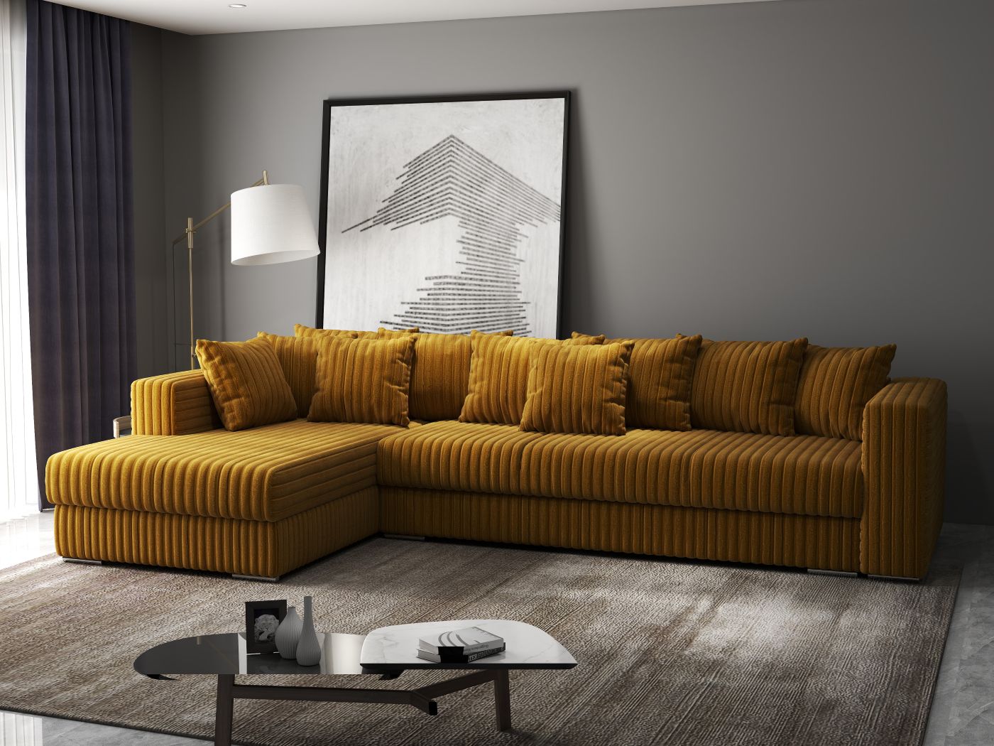 Colțar extensibil dumonde cu ladă de depozitare si sezut confortabil din spuma HR, Gloria Mustar Ambience 320x183 cm Fabrica