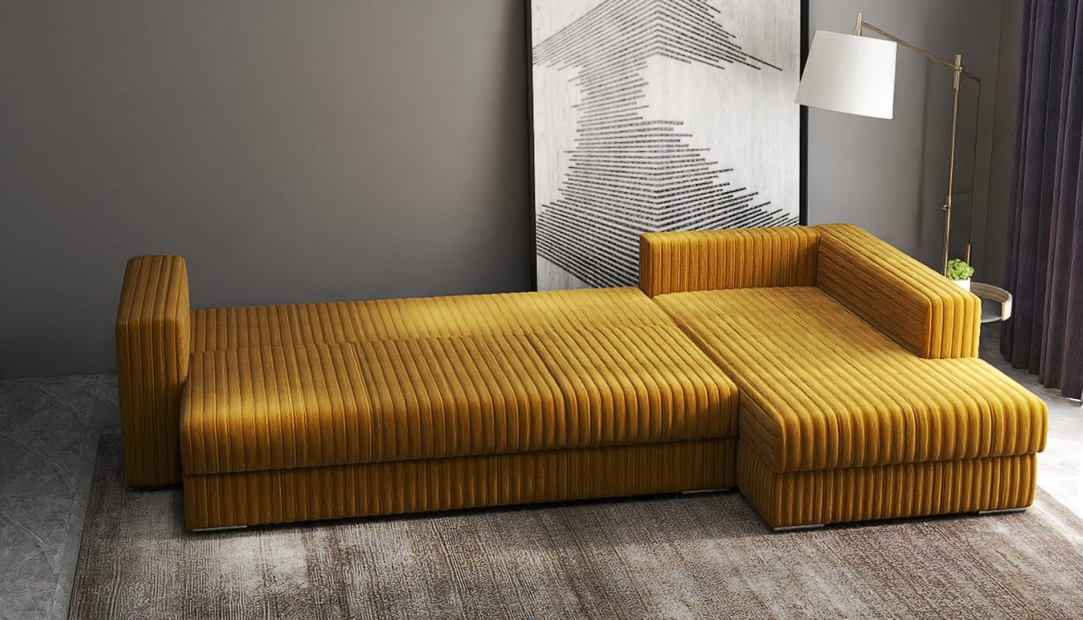 Colțar extensibil dumonde cu ladă de depozitare si sezut confortabil din spuma HR, Gloria Ambience Mustar II 320x183 cm Fabrica