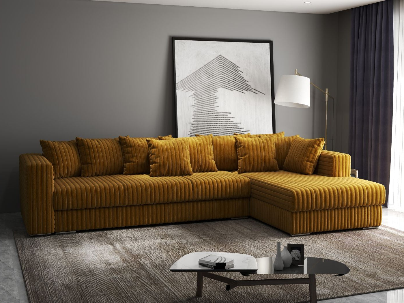 Colțar extensibil dumonde cu ladă de depozitare si sezut confortabil din spuma HR, Gloria Mustar Ambience II 320x183 cm Fabrica