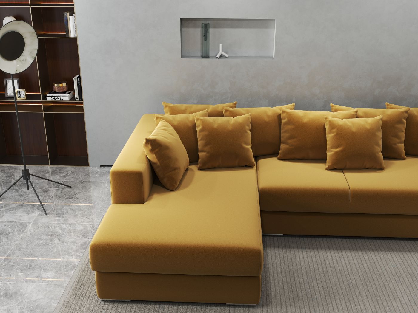 Colțar extensibil dumonde cu ladă de depozitare si sezut confortabil din spuma HR, Gloria Royal Mustar 320x183 cm Fabrica