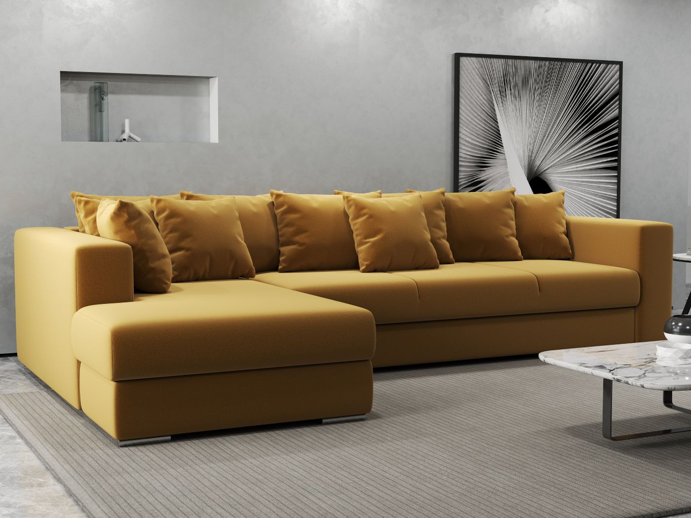 Colțar extensibil dumonde cu ladă de depozitare si sezut confortabil din spuma HR, Gloria Mustar Royal 320x183 cm Fabrica