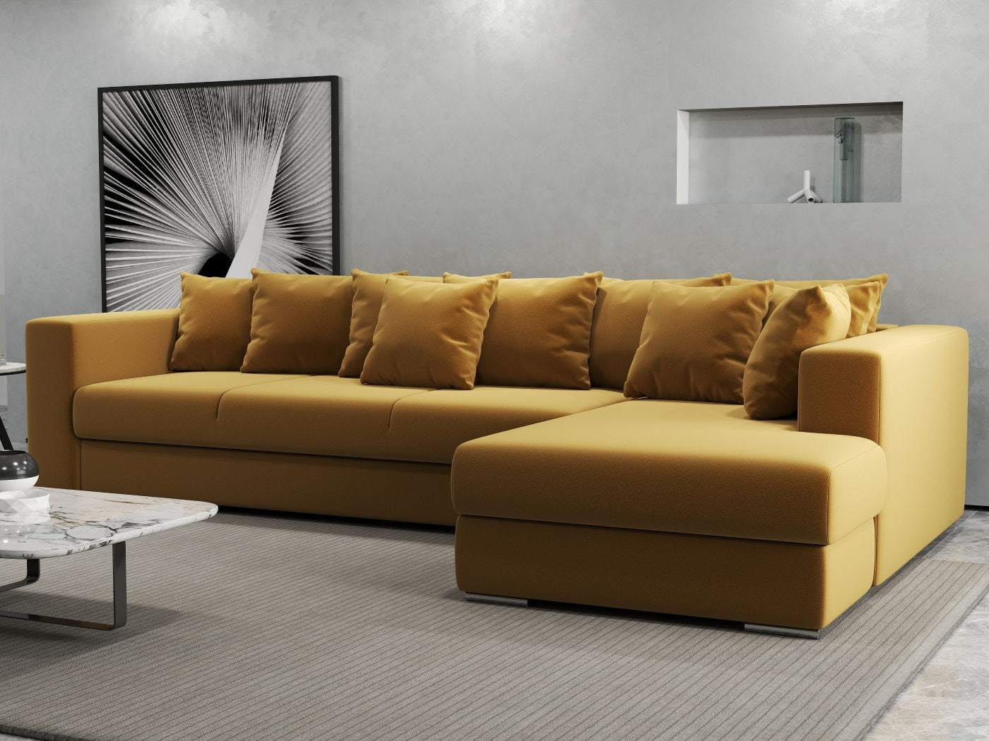Colțar extensibil dumonde cu ladă de depozitare si sezut confortabil din spuma HR, Gloria Mustar Royal II 320x183 cm Fabrica
