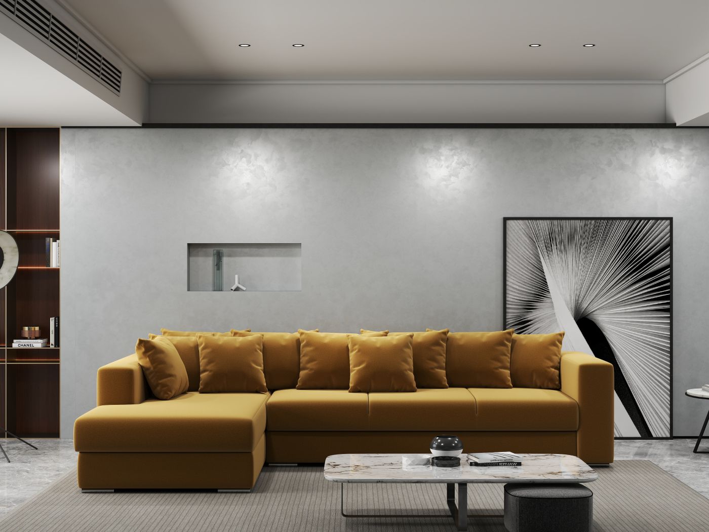 Colțar extensibil dumonde cu ladă de depozitare si sezut confortabil din spuma HR, Gloria Royal Mustar 320x183 cm Fabrica