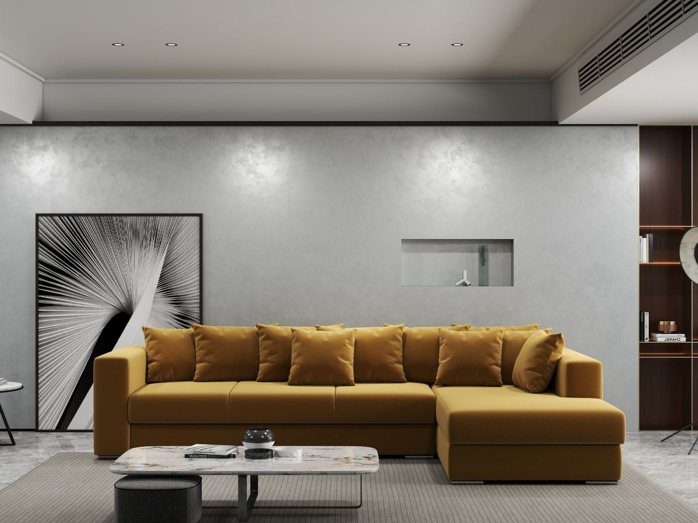 Colțar extensibil dumonde cu ladă de depozitare si sezut confortabil din spuma HR, Gloria Royal Mustar II 320x183 cm Fabrica