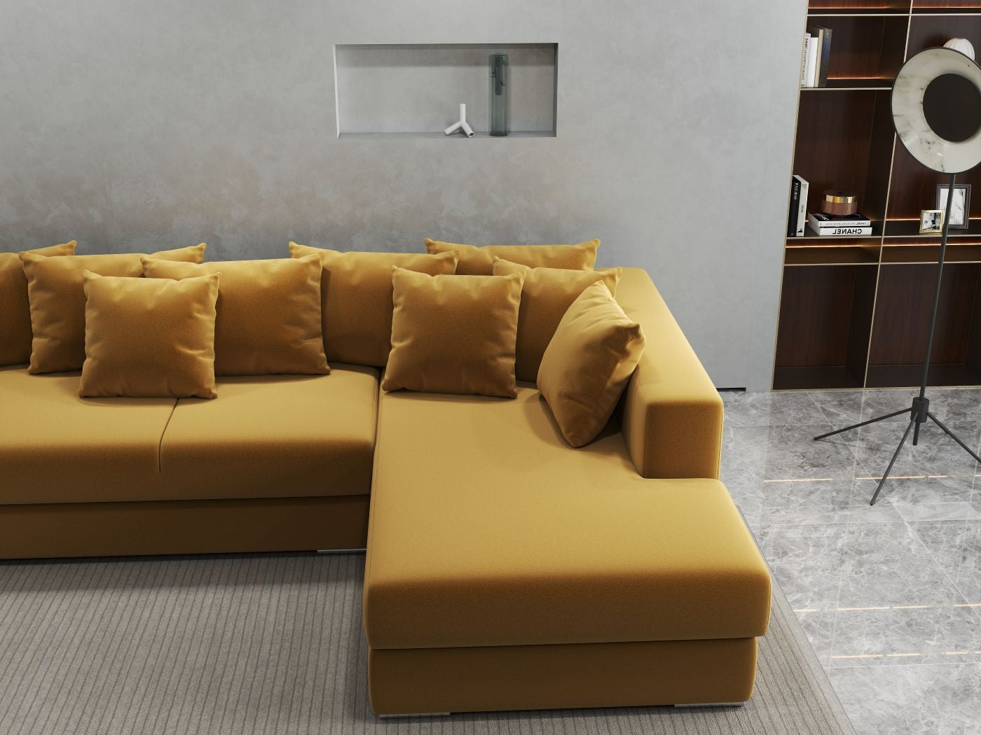 Colțar extensibil dumonde cu ladă de depozitare si sezut confortabil din spuma HR, Gloria Royal Mustar II 320x183 cm Fabrica