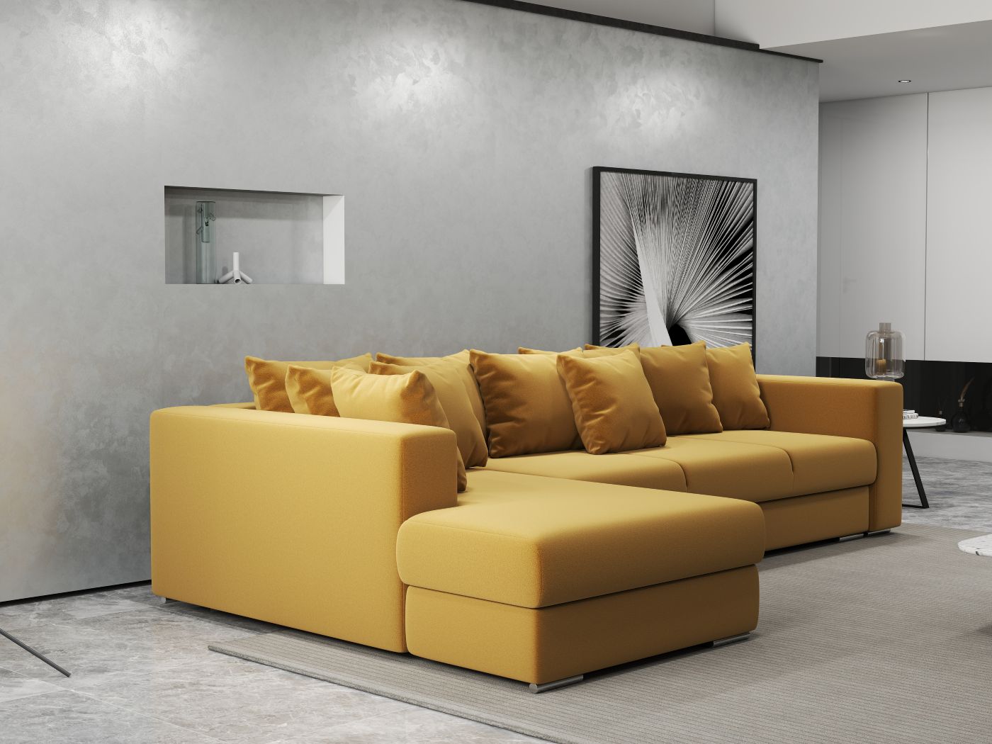 Colțar extensibil dumonde cu ladă de depozitare si sezut confortabil din spuma HR, Gloria Royal Mustar 320x183 cm Fabrica