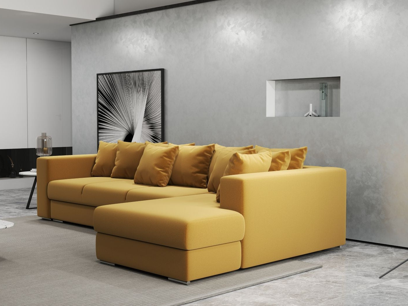 Colțar extensibil dumonde cu ladă de depozitare si sezut confortabil din spuma HR, Gloria Royal Mustar II 320x183 cm Fabrica