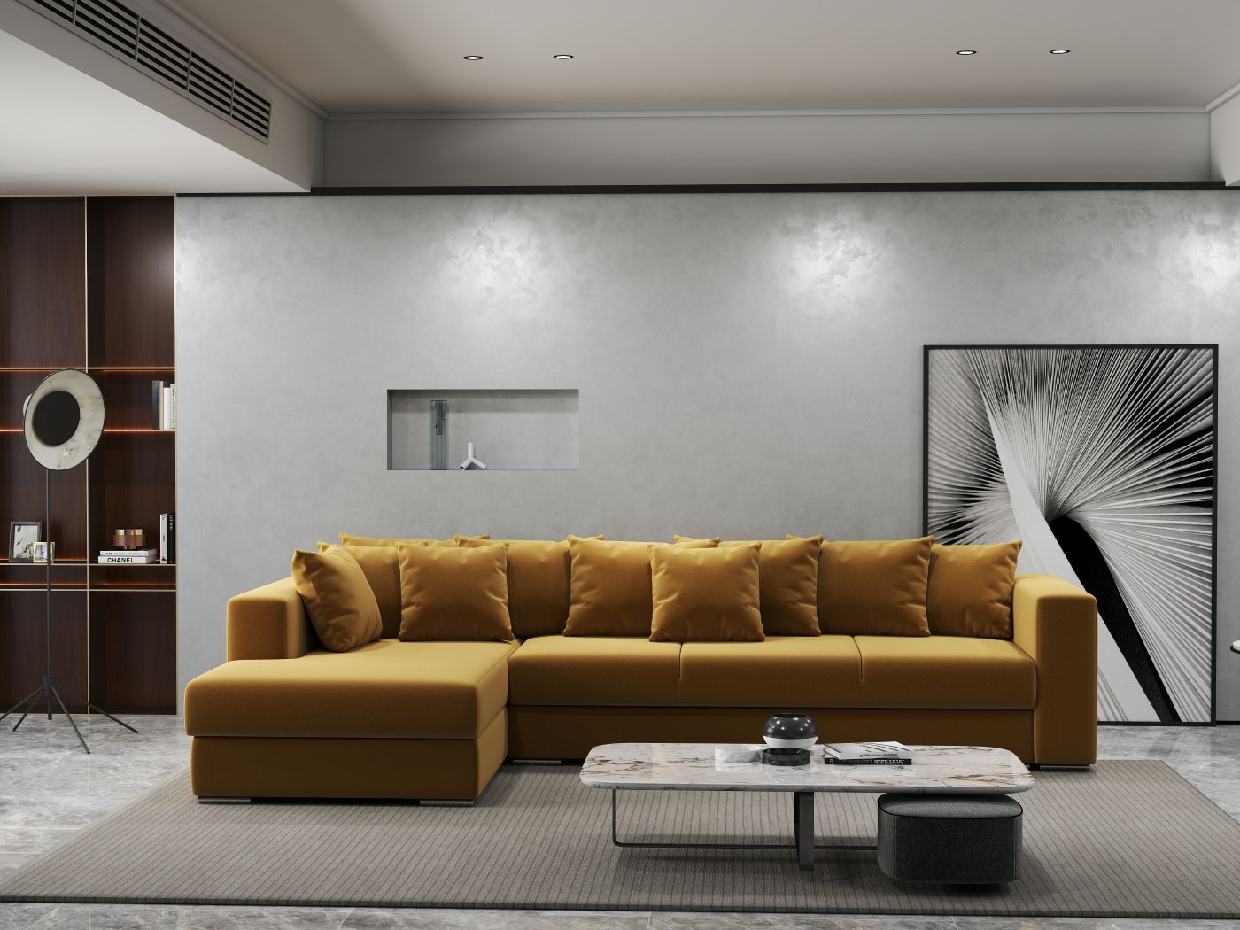 Colțar extensibil dumonde cu ladă de depozitare si sezut confortabil din spuma HR, Gloria Royal Mustar 320x183 cm Fabrica