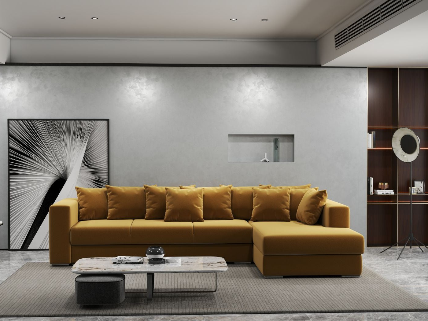 Colțar extensibil dumonde cu ladă de depozitare si sezut confortabil din spuma HR, Gloria Royal Mustar II 320x183 cm Fabrica