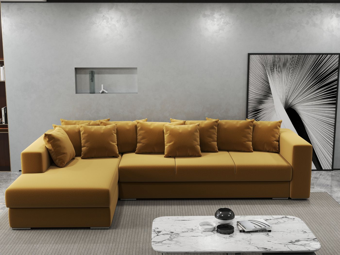 Colțar extensibil dumonde cu ladă de depozitare si sezut confortabil din spuma HR, Gloria Royal Mustar 320x183 cm Fabrica