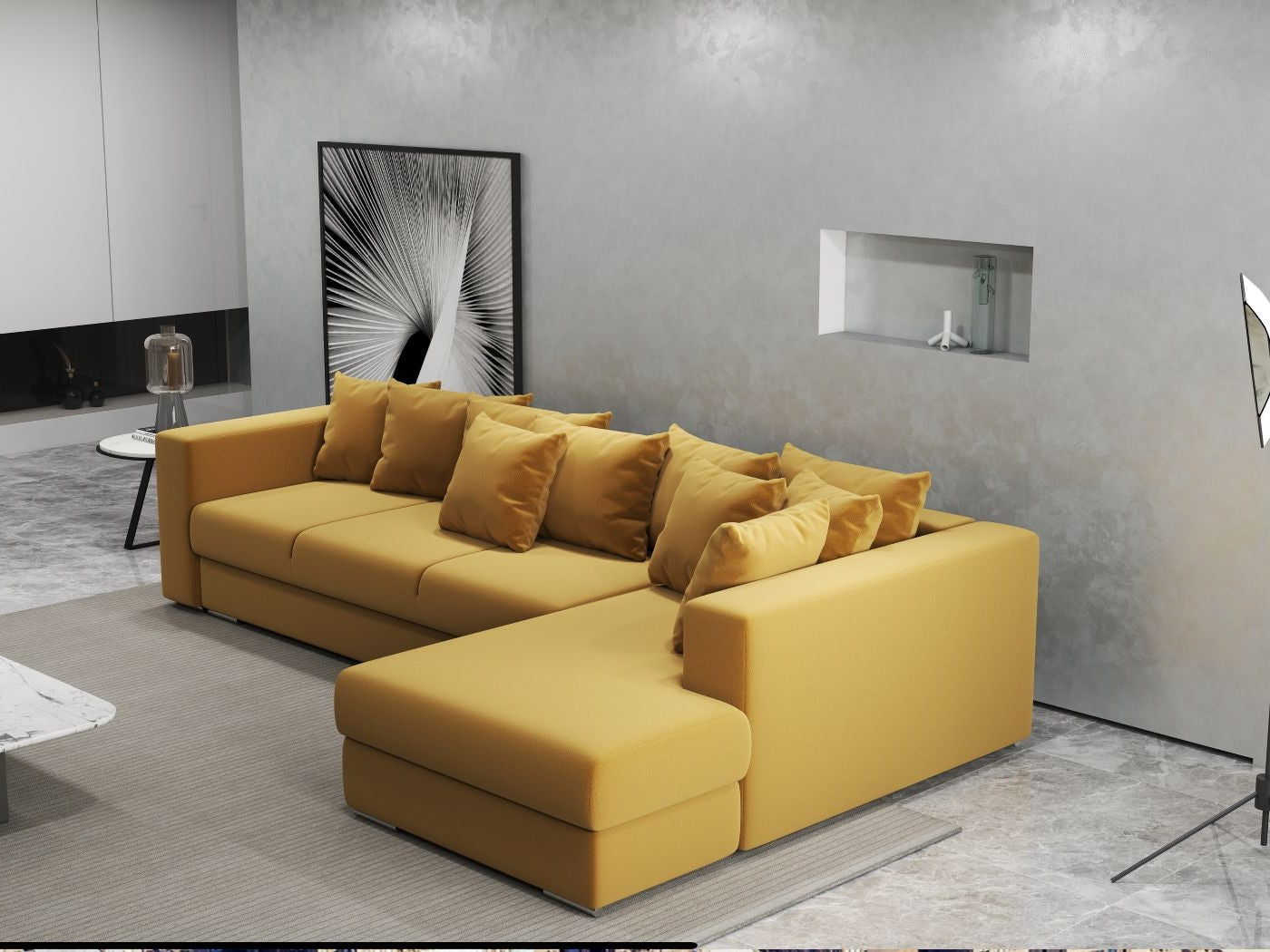 Colțar extensibil dumonde cu ladă de depozitare si sezut confortabil din spuma HR, Gloria Royal Mustar II 320x183 cm Fabrica