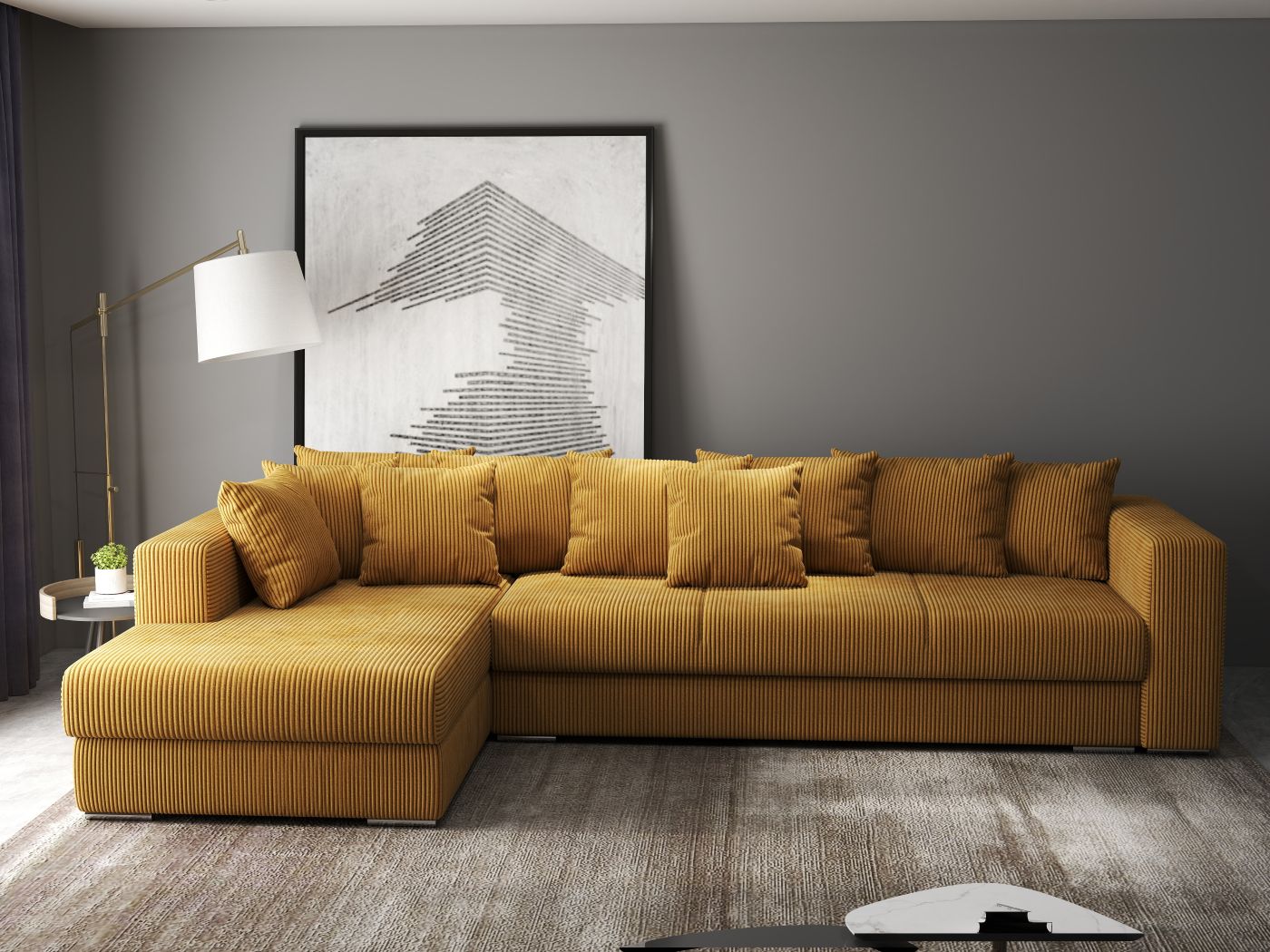 Colțar extensibil dumonde cu ladă de depozitare si sezut confortabil din spuma HR, Gloria Zoom Mustar 320x183 cm Fabrica