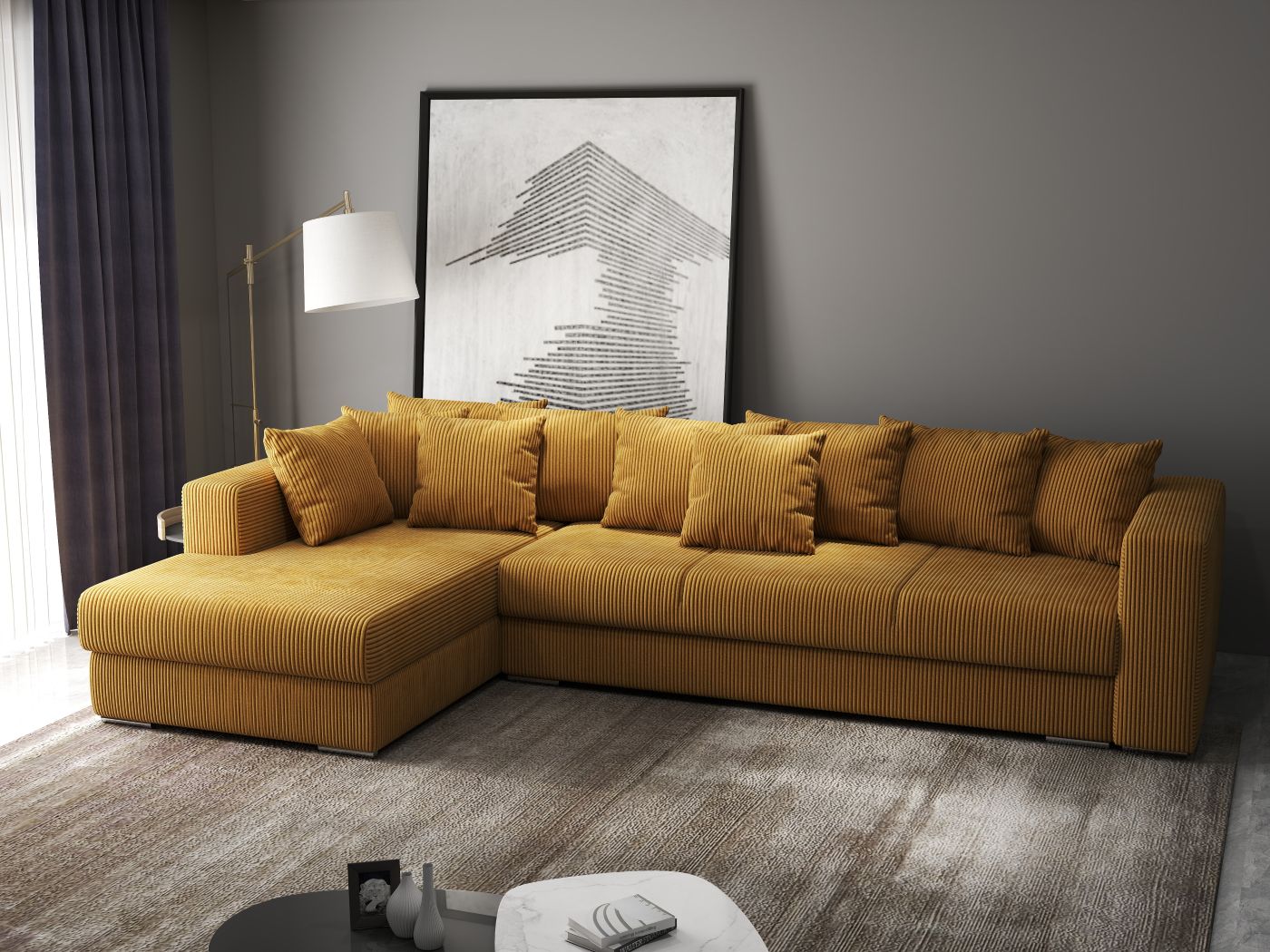 Colțar extensibil dumonde cu ladă de depozitare si sezut confortabil din spuma HR, Gloria Zoom Mustar 320x183 cm Fabrica