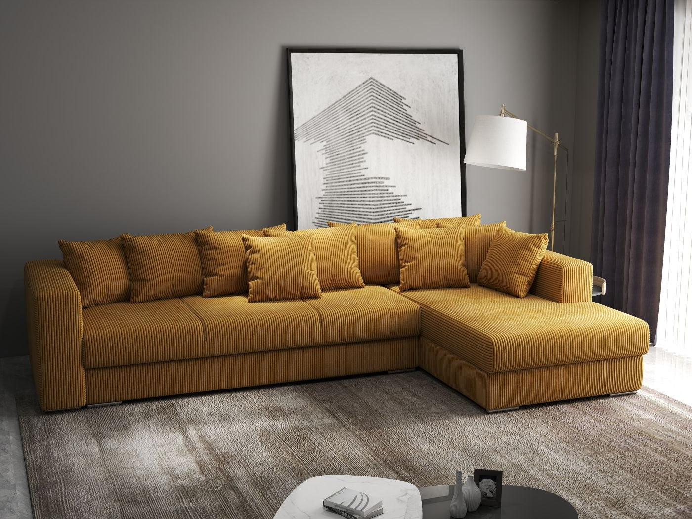 Colțar extensibil dumonde cu ladă de depozitare si sezut confortabil din spuma HR, Gloria Zoom Mustar II 320x183 cm Fabrica