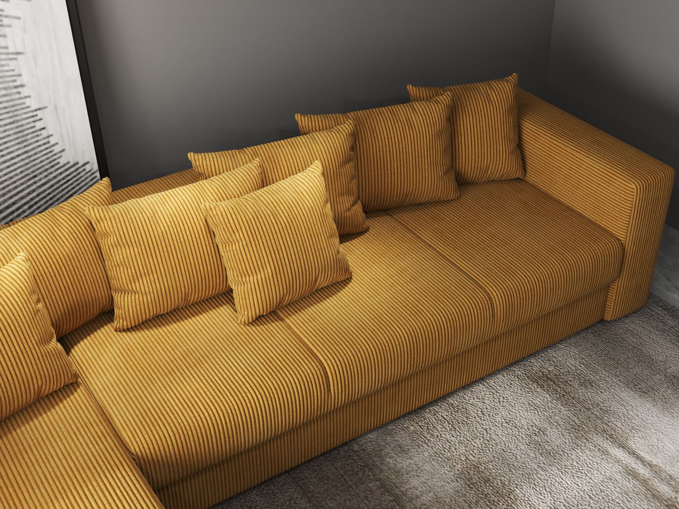 Colțar extensibil dumonde cu ladă de depozitare si sezut confortabil din spuma HR, Gloria Zoom Mustar 320x183 cm Fabrica