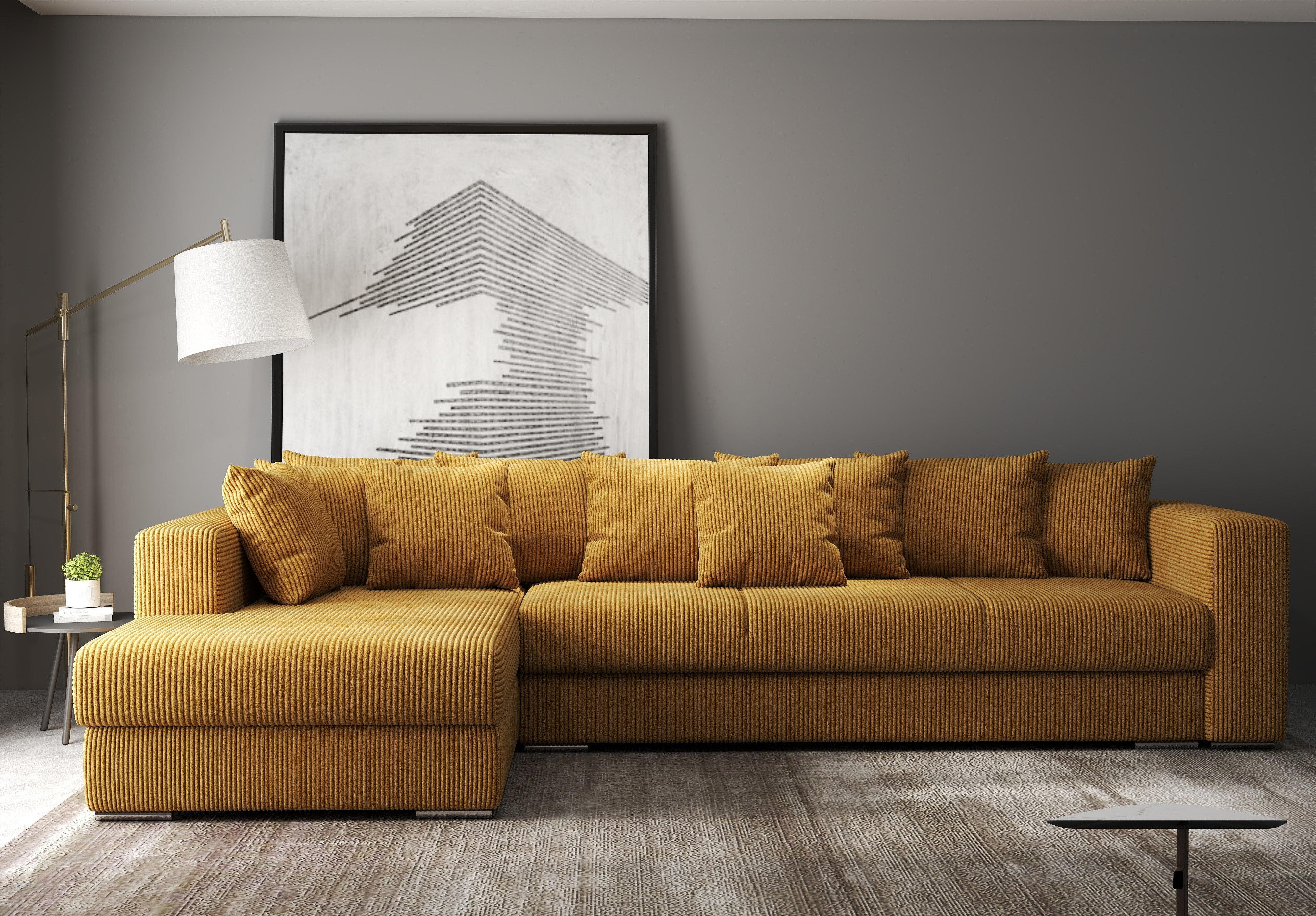 Colțar extensibil dumonde cu ladă de depozitare si sezut confortabil din spuma HR, Gloria Zoom Mustar 320x183 cm Fabrica