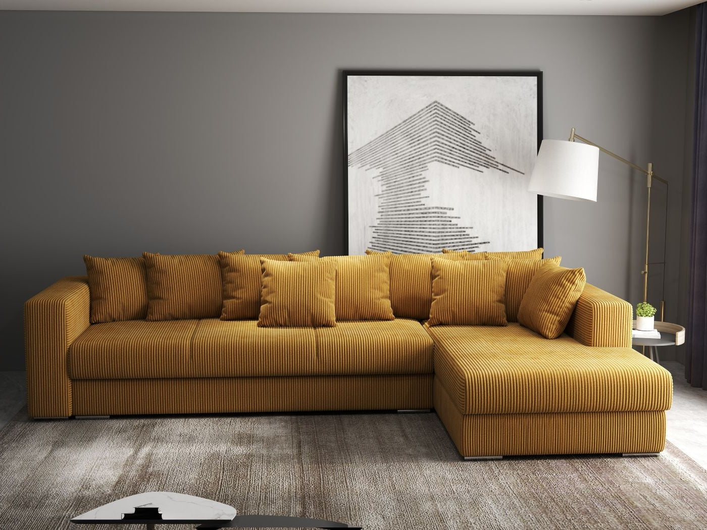 Colțar extensibil dumonde cu ladă de depozitare si sezut confortabil din spuma HR, Gloria Zoom Mustar II 320x183 cm Fabrica