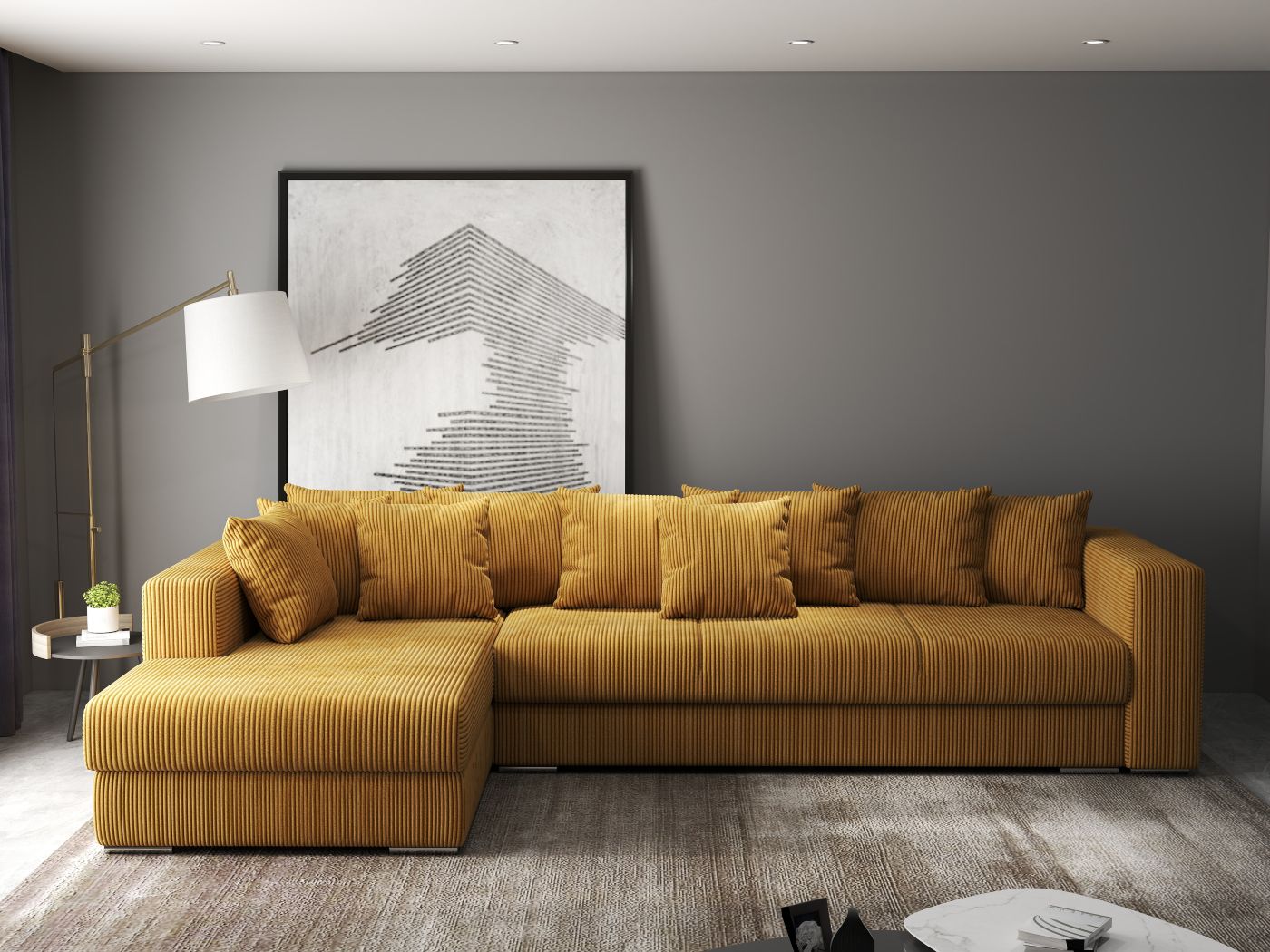 Colțar extensibil dumonde cu ladă de depozitare si sezut confortabil din spuma HR, Gloria Zoom Mustar 320x183 cm Fabrica