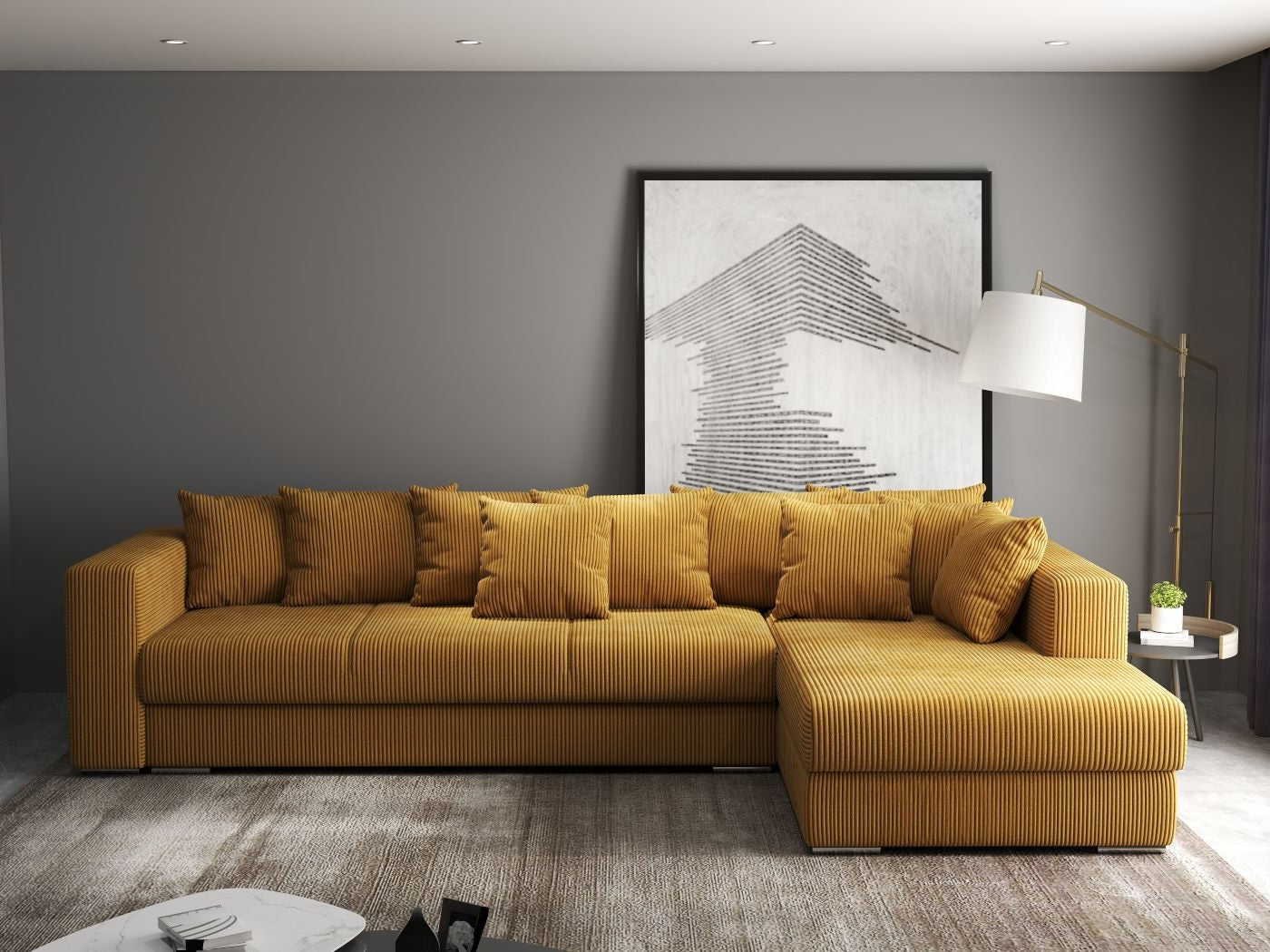 Colțar extensibil dumonde cu ladă de depozitare si sezut confortabil din spuma HR, Gloria Zoom Mustar II 320x183 cm Fabrica