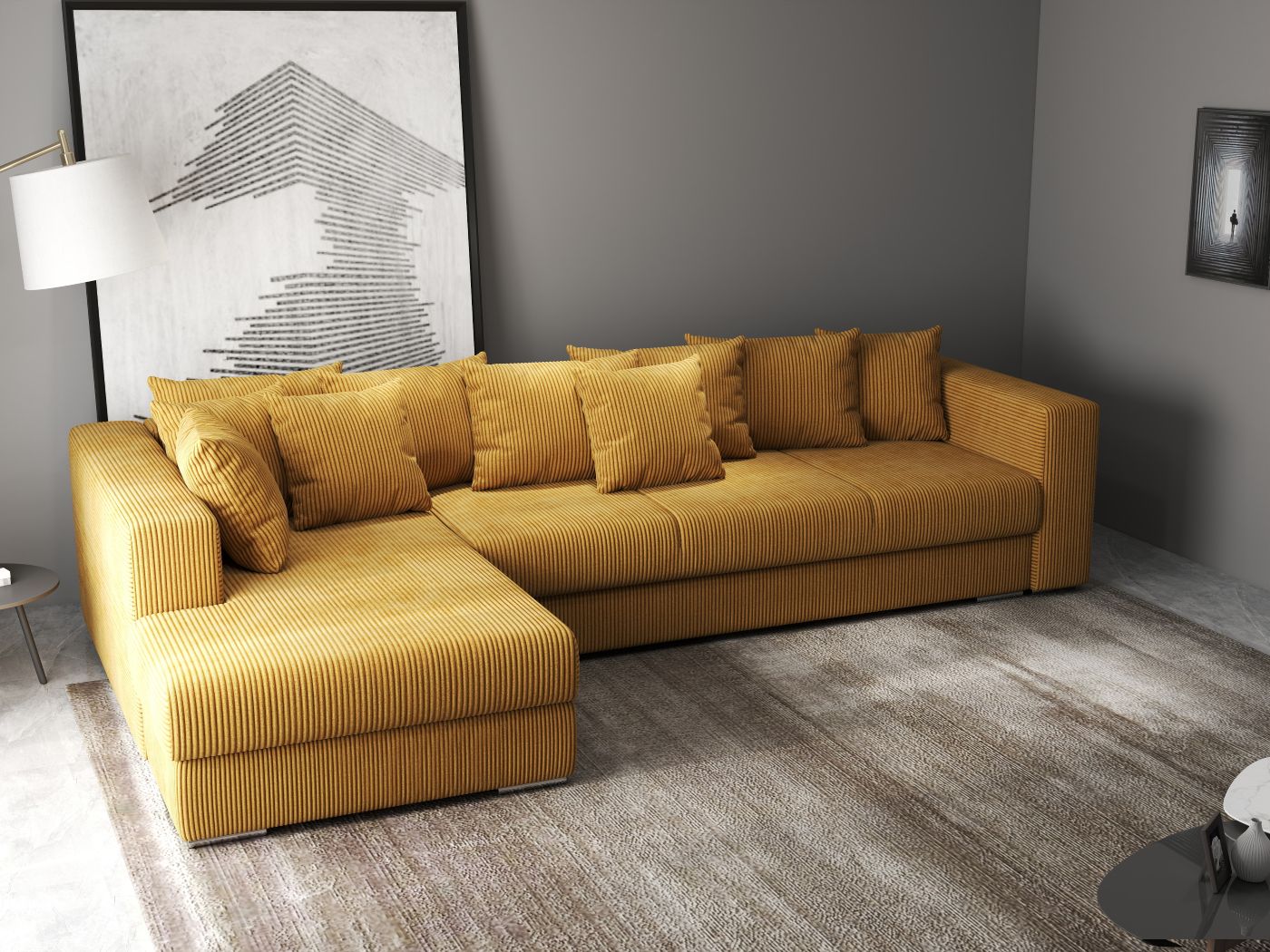 Colțar extensibil dumonde cu ladă de depozitare si sezut confortabil din spuma HR, Gloria Zoom Mustar 320x183 cm Fabrica