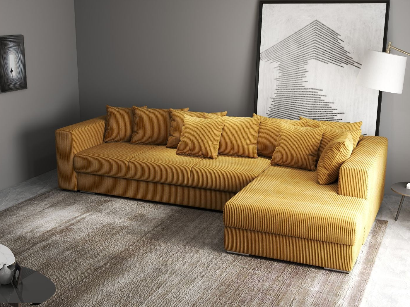 Colțar extensibil dumonde cu ladă de depozitare si sezut confortabil din spuma HR, Gloria Zoom Mustar II 320x183 cm Fabrica