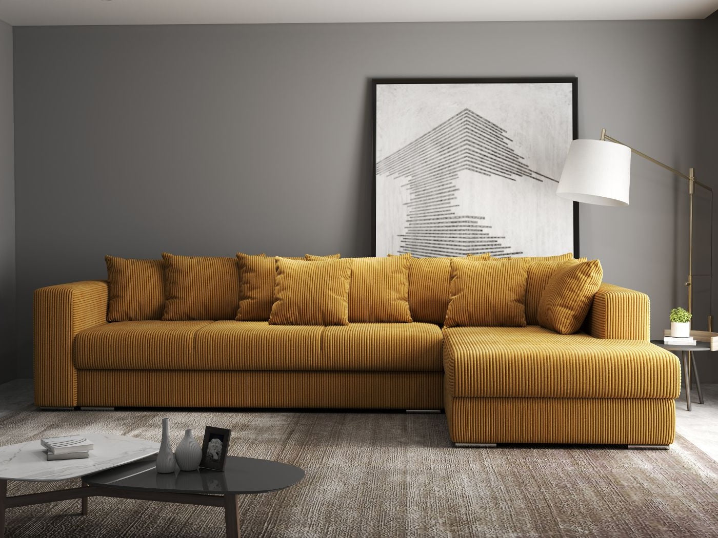 Colțar extensibil dumonde cu ladă de depozitare si sezut confortabil din spuma HR, Gloria Zoom Mustar II 320x183 cm Fabrica